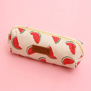 Kawaii Style Linen Pencil Case - Cartoon Flower Watermelon Design